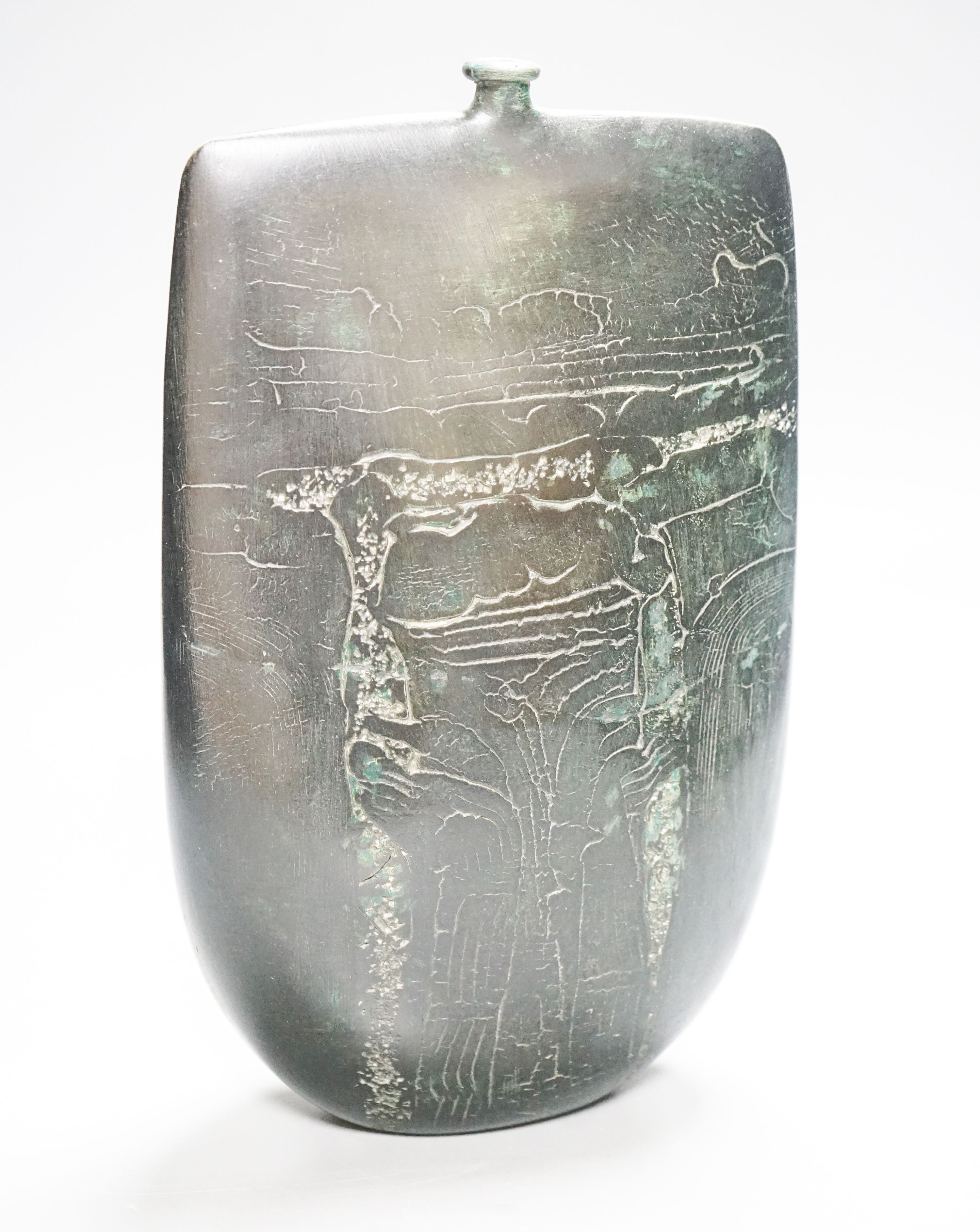 Peter Hayes (b.1946), a black raku glaze Bow form bottle, 29cm